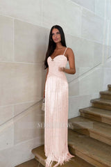 Spaghetti straps Sleeveless Long Formal Dress With Beading Tassel