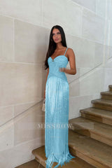 Spaghetti straps Sleeveless Long Formal Dress With Beading Tassel