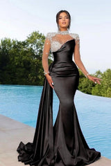 Sparkle Beaded Sweetheart Neckline Mermaid Black Prom Evening Dresses with Ruffles