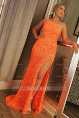 Sparkle Black Sequins One Shoulder Sleeveless Mermaid Formal Dress With Split