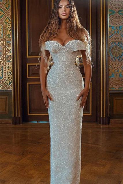 Sparkle White Off-the-shoulder Sequined Column Prom Evening Dresses