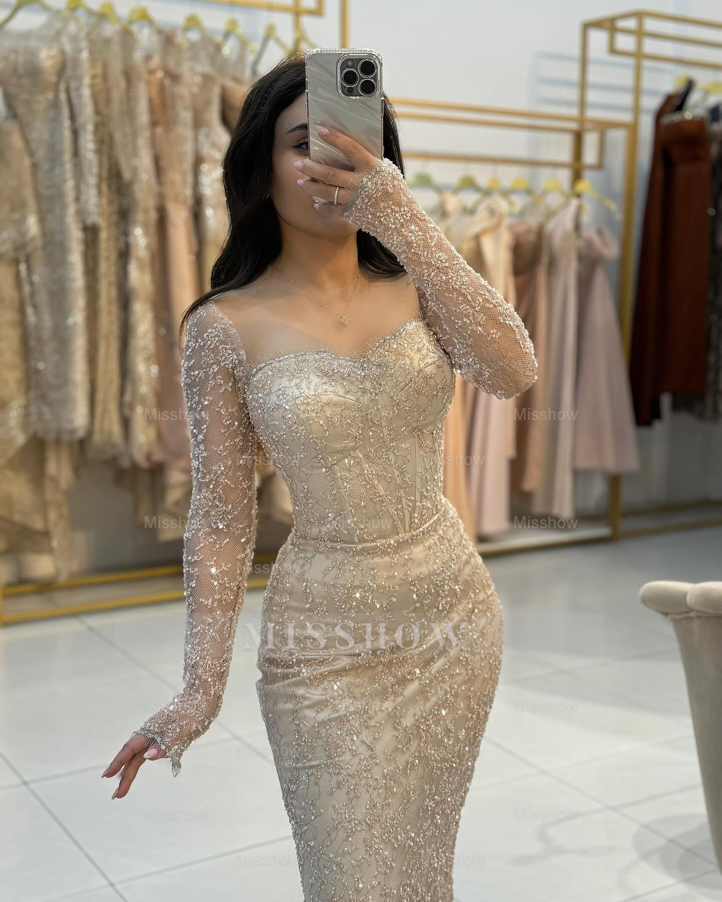 Sparkling Champagne Sweetheart Long-Sleeve Mermaid Formal Dress with Sequins