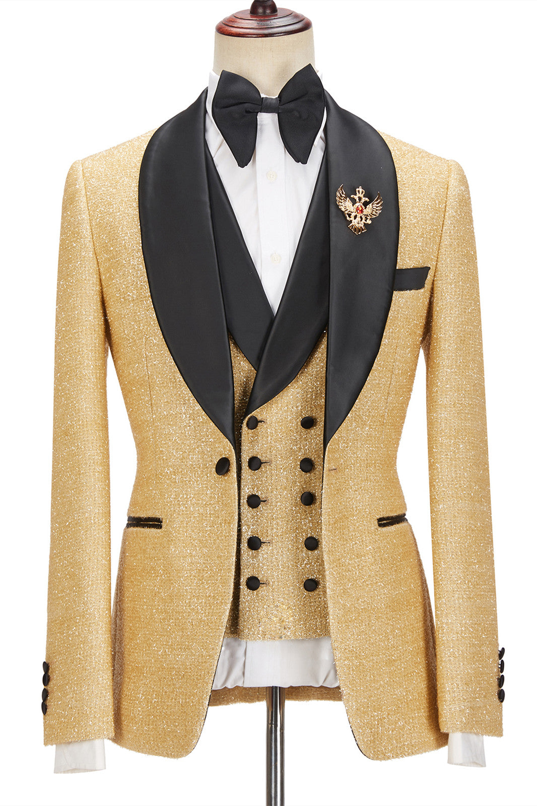 Sparkling Golden Shawl Lapel Three-Piece Men’s Wedding Suit
