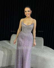 Sparkling Lilac Spaghetti Straps Sleeveless Column Formal Dress with Beadings
