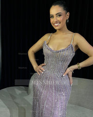 Sparkling Lilac Spaghetti Straps Sleeveless Column Formal Dress with Beadings