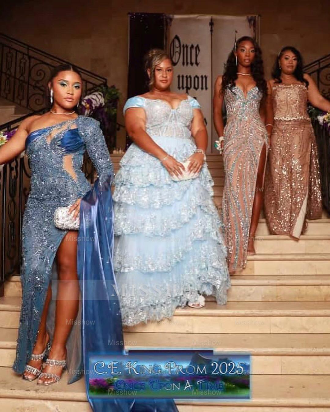 Sparkling Long Blue One Shoulder Long-Sleeve Mermaid Prom Dress with Sequins and Slit