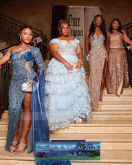 Sparkling Long Blue One Shoulder Long-Sleeve Mermaid Prom Dress with Sequins and Slit