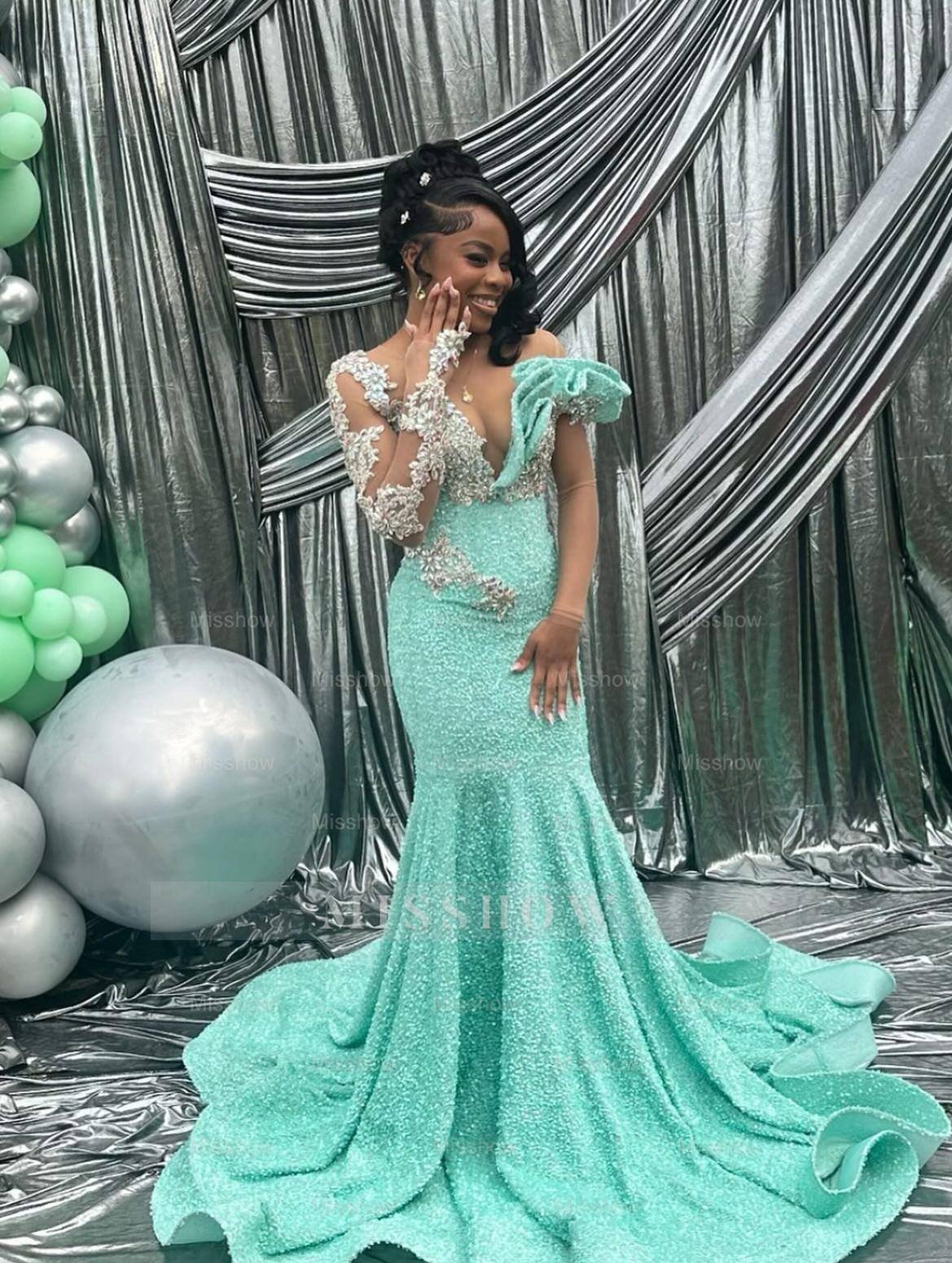 Sparkling Long Mint Green One Shoulder Long-Sleeve Mermaid Prom with Rhinestones and Beadings