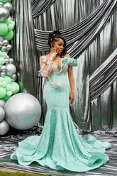 Sparkling Long Mint Green One Shoulder Long-Sleeve Mermaid Prom with Rhinestones and Beadings
