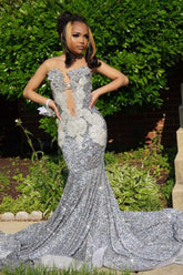 Sparkling Long Sliver Sweetheart Sleeveless Mermaid Prom Dress with Sequins