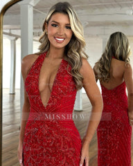 Sparkling Red Halter V-Neck Sleeveless Front Split Column Prom Dress with Beadings