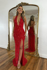 Sparkling Red Halter V-Neck Sleeveless Front Split Column Prom Dress with Beadings