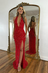 Sparkling Red Halter V-Neck Sleeveless Front Split Column Prom Dress with Beadings