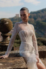 Sparkling White High-Neck Long-Sleeve Mermaid Wedding Dress with Sequins and Beadings