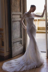 Sparkling White High-Neck Long-Sleeve Mermaid Wedding Dress with Sequins and Beadings