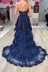 Navy one shoulder ruffled A-line prom dress