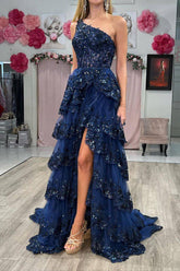 Navy one shoulder ruffled A-line prom dress