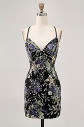 Sparkly Black Floral Short Tight Homecoming Dress with Beading