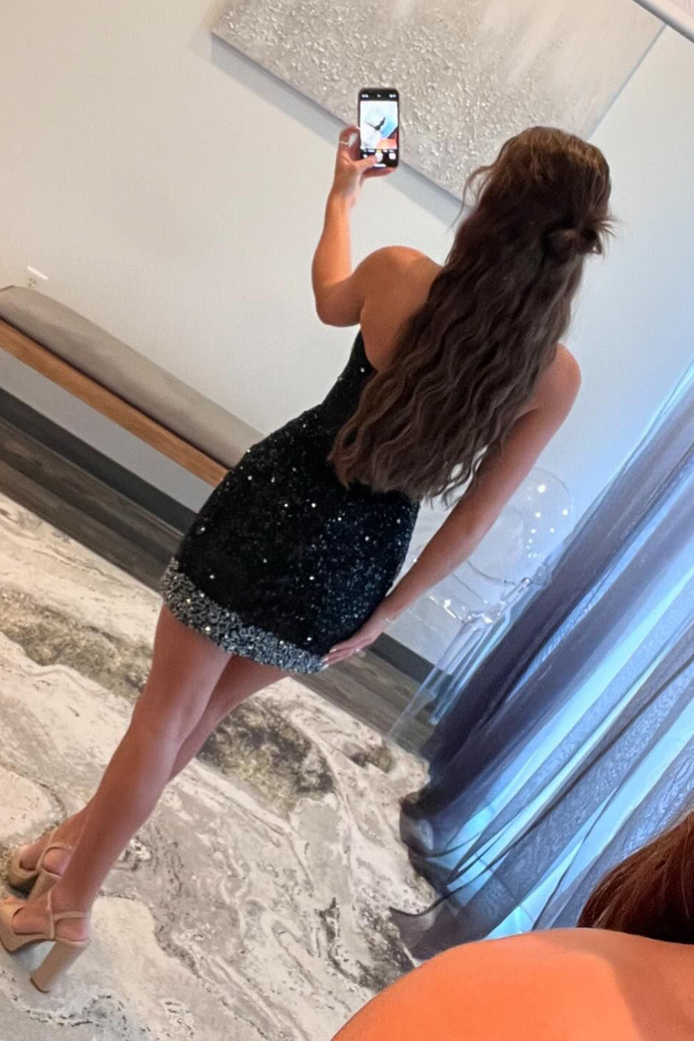 Sparkly Black Strapless Bodycon Sequins Short Corset Homecoming Dress with Beading