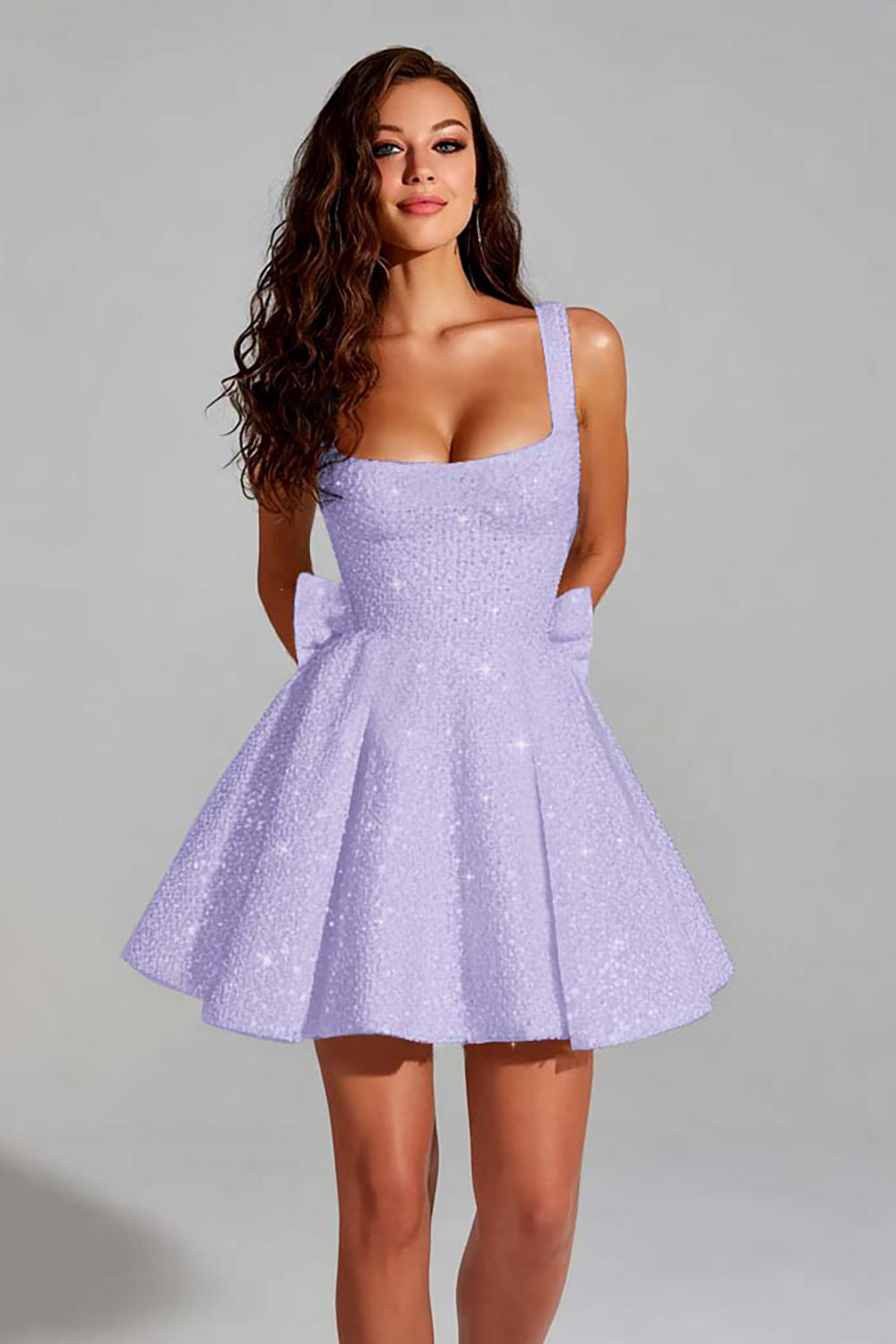 Sparkly Blush Pink A Line Square Neck Short Homecoming Dress with Bow