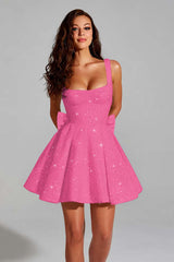 Sparkly Blush Pink A Line Square Neck Short Homecoming Dress with Bow