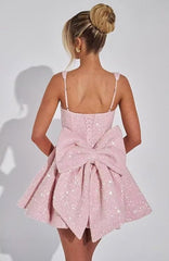 Sparkly Blush Pink A Line Square Neck Short Homecoming Dress with Bow
