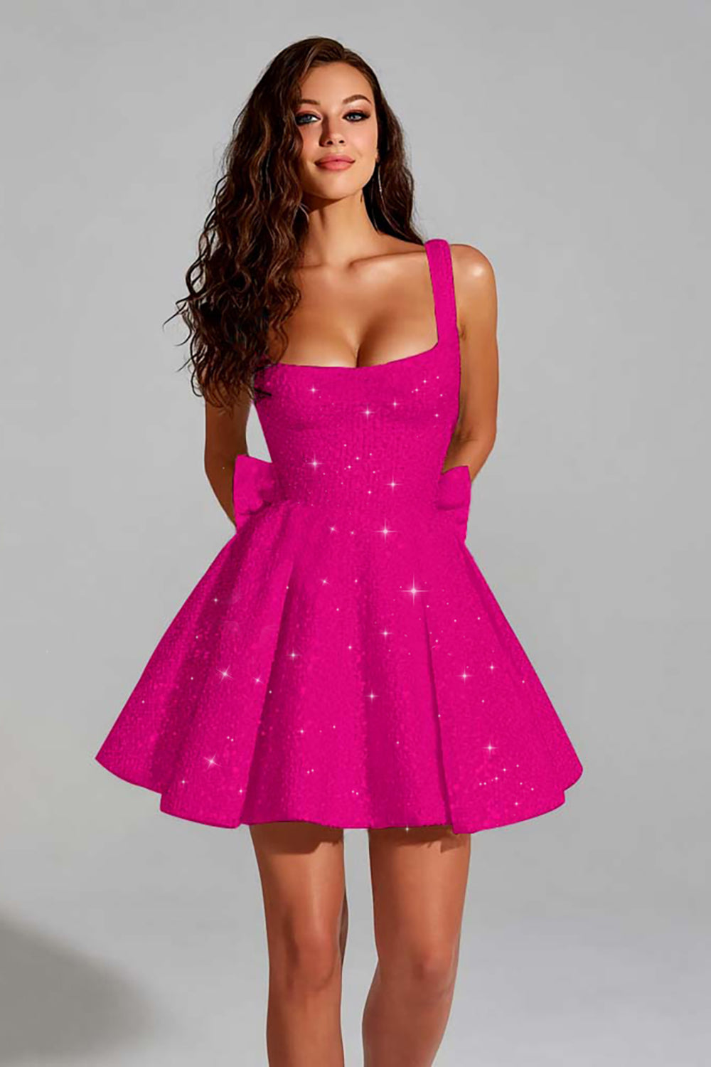 Sparkly Blush Pink A Line Square Neck Short Homecoming Dress with Bow