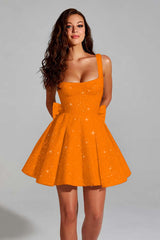 Sparkly Blush Pink A Line Square Neck Short Homecoming Dress with Bow