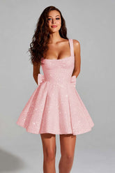Sparkly Blush Pink A Line Square Neck Short Homecoming Dress with Bow