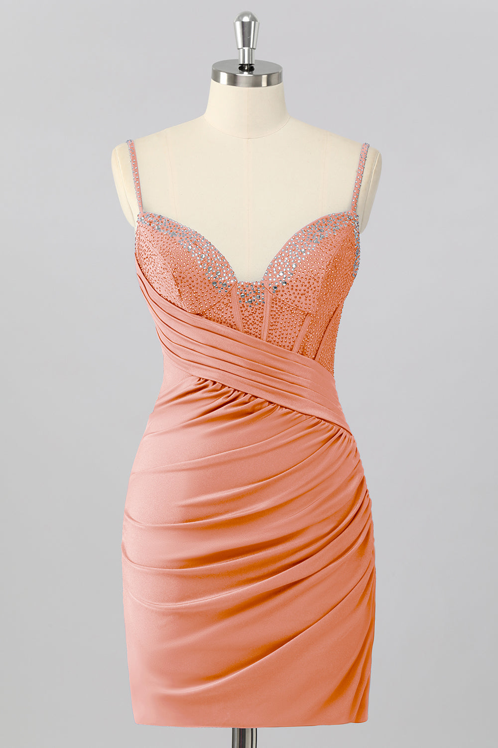 Sparkly Blush Pink Tight Ruched Short Corset Homecoming Dress with Beading