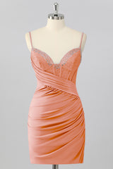 Sparkly Blush Pink Tight Ruched Short Corset Homecoming Dress with Beading