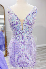 Sparkly Bodycon Deep V Neck Blue Sequined Short Homecoming Dress with Feathers