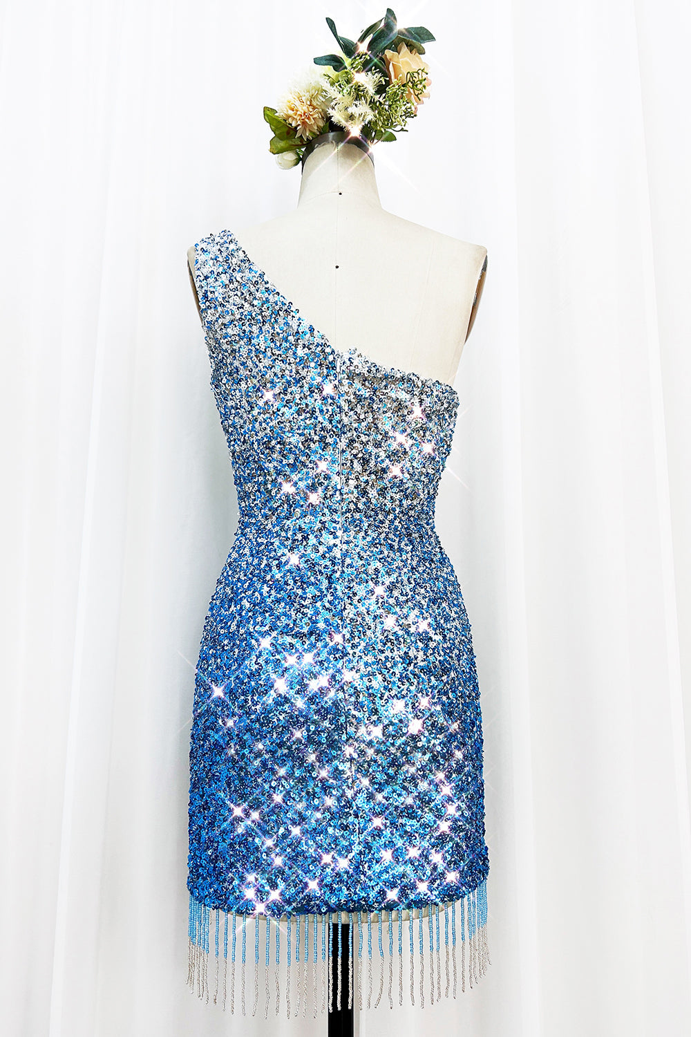 Sparkly Bodycon Spaghetti Straps Blue Sequins Short Homecoming Dress with Tassel