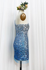 Sparkly Bodycon Spaghetti Straps Blue Sequins Short Homecoming Dress with Tassel