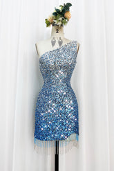 Sparkly Bodycon Spaghetti Straps Blue Sequins Short Homecoming Dress with Tassel
