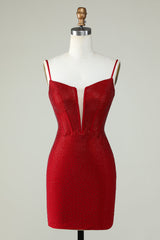Sparkly Bodycon Spaghetti Straps Red Short Homecoming Dress with Beading