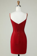 Sparkly Bodycon Spaghetti Straps Red Short Homecoming Dress with Beading