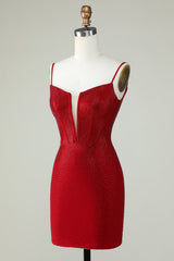 Sparkly Bodycon Spaghetti Straps Red Short Homecoming Dress with Beading