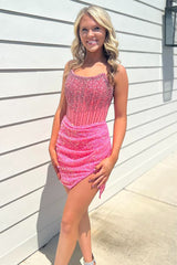 Sparkly Bodycon Strapless Golden Corset Homecoming Dress with Beading