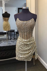 Sparkly Bodycon Strapless Golden Corset Homecoming Dress with Beading