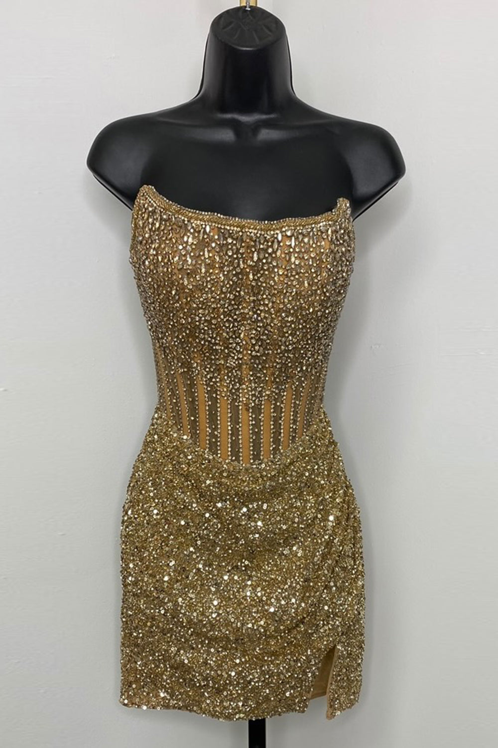 Sparkly Bodycon Strapless Golden Corset Homecoming Dress with Beading