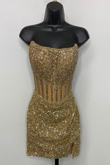 Sparkly Bodycon Strapless Golden Corset Homecoming Dress with Beading