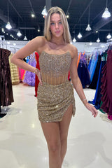 Sparkly Bodycon Strapless Golden Corset Homecoming Dress with Beading