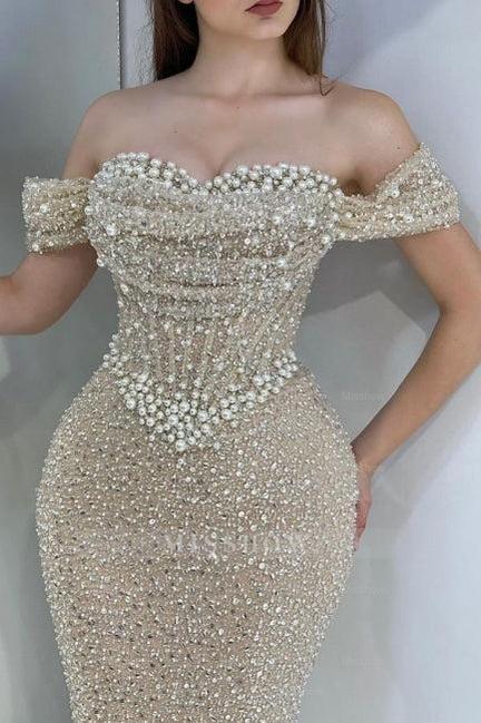 Sparkly Champagne Mermaid Sweetheart Beaded Off-The-Shoulder Long Prom Evening Dresses With Pearls