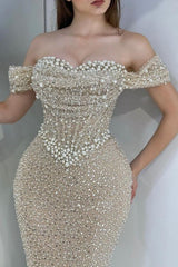 Sparkly Champagne Mermaid Sweetheart Beaded Off-The-Shoulder Long Prom Evening Dresses With Pearls