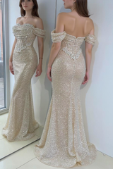 Sparkly Champagne Mermaid Sweetheart Beaded Off-The-Shoulder Long Prom Evening Dresses With Pearls