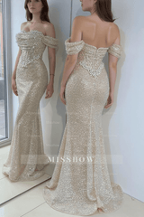 Sparkly Champagne Mermaid Sweetheart Beaded Off-The-Shoulder Long Prom Evening Dresses With Pearls