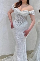 Sparkly Champagne Mermaid Sweetheart Beaded Off-The-Shoulder Long Prom Evening Dresses With Pearls