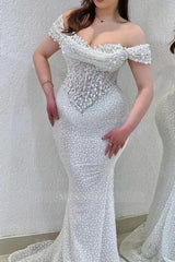 Sparkly Champagne Mermaid Sweetheart Beaded Off-The-Shoulder Long Prom Evening Dresses With Pearls
