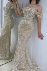 Sparkly Champagne Mermaid Sweetheart Beaded Off-The-Shoulder Long Prom Evening Dresses With Pearls